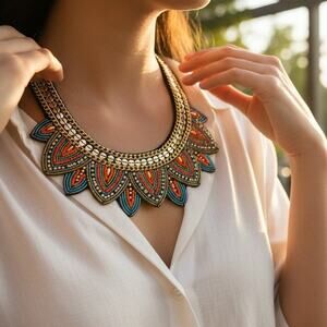 Felt Beaded Collar Necklace Vintage-Inspired Statement Felt Bib Choker